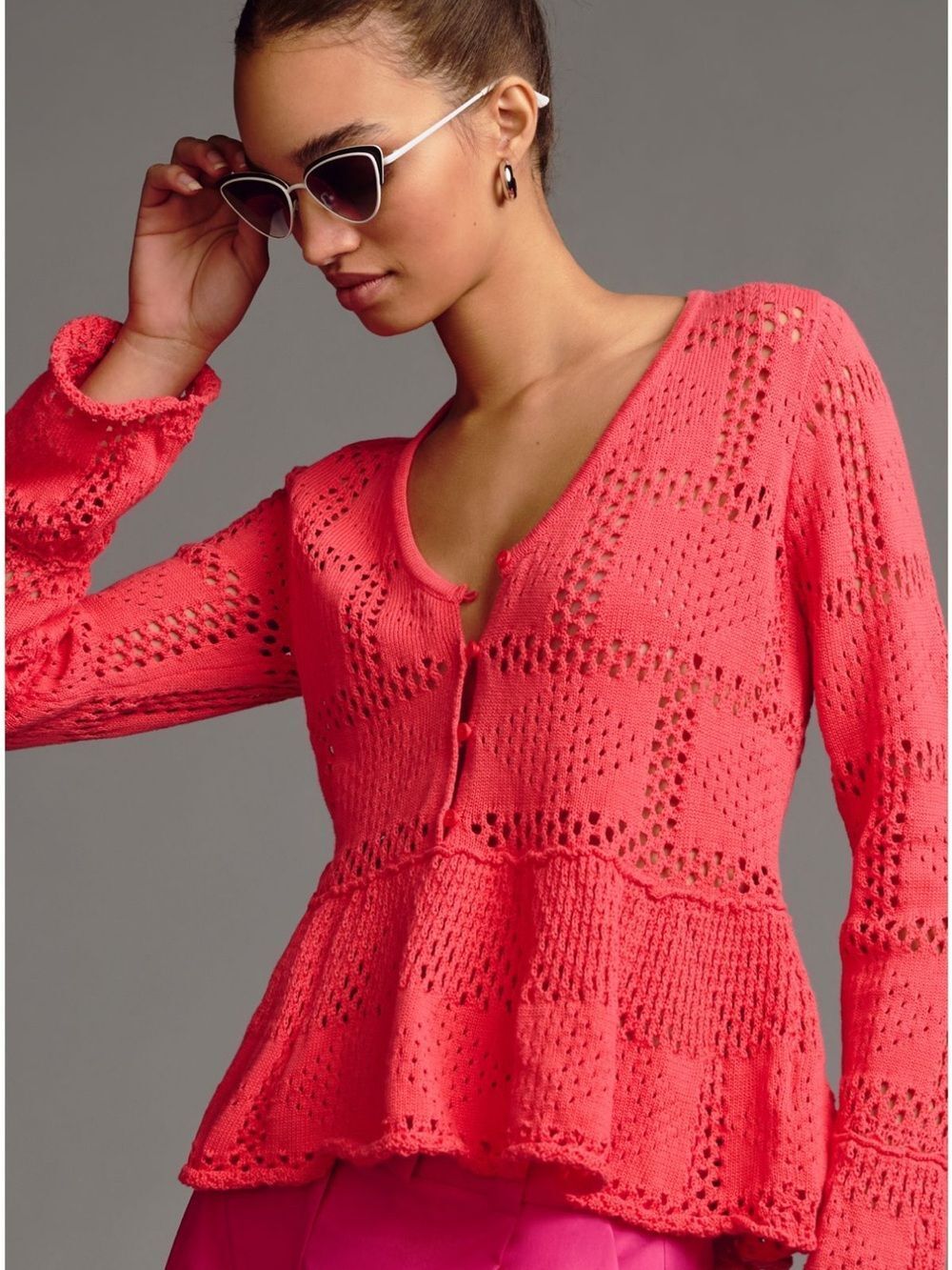 Anthropologie x Pilcro Coral Crochet  V-Neck Button Front Cardigan Small